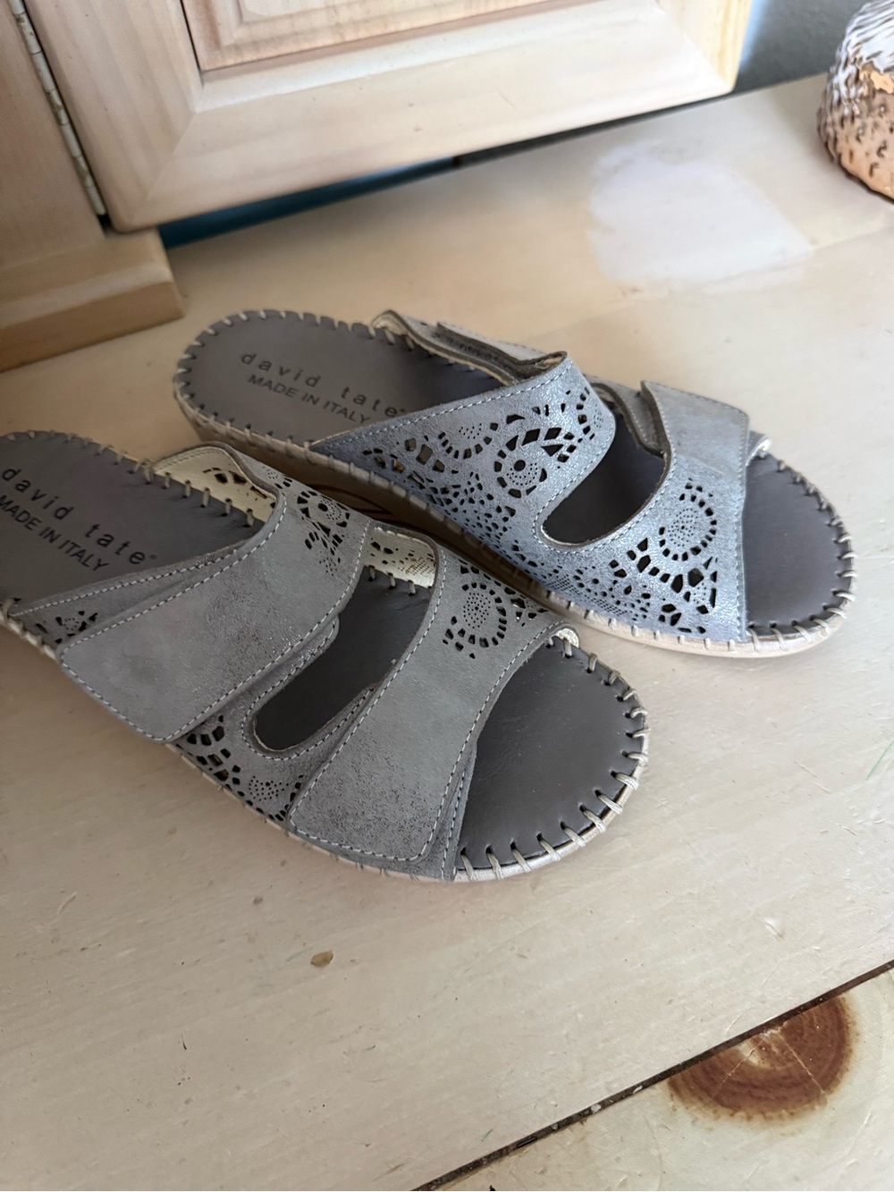 David Tate Light Gray Laser-Cut Suede Slide Sandals